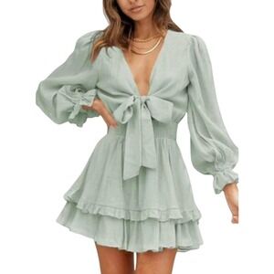 NEW Mint Green‎ Tie Front Balloon Sleeve Ruffle Bottom Dress Size Large